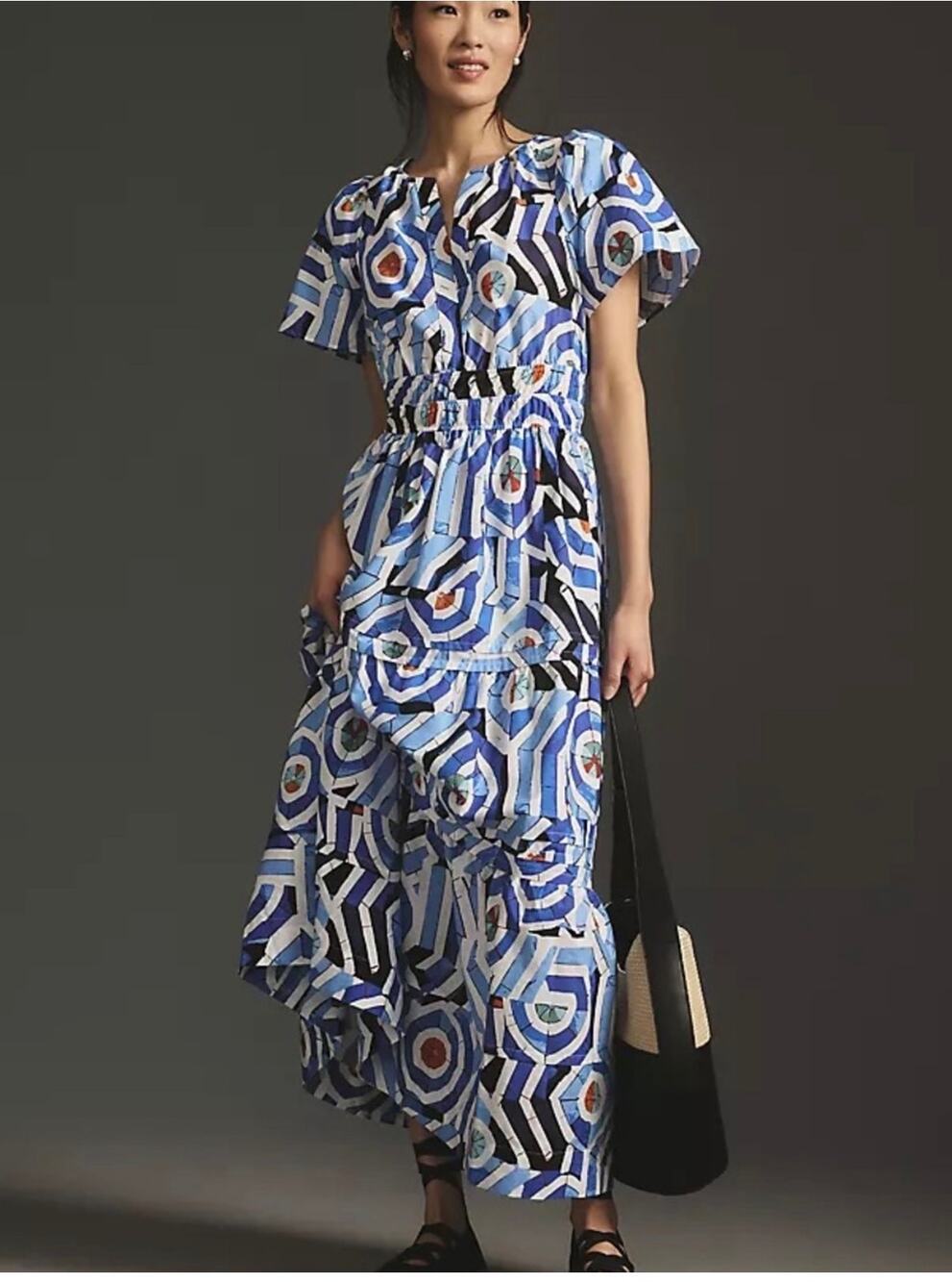 ANTHROPOLOGIE The Somerset Maxi Dress Geometric Blue, Size Large
